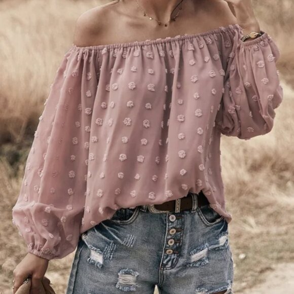 Dusty rose tufted dot off shoulder boho flowy long sleeve blouse sizes M and L - Picture 2 of 5